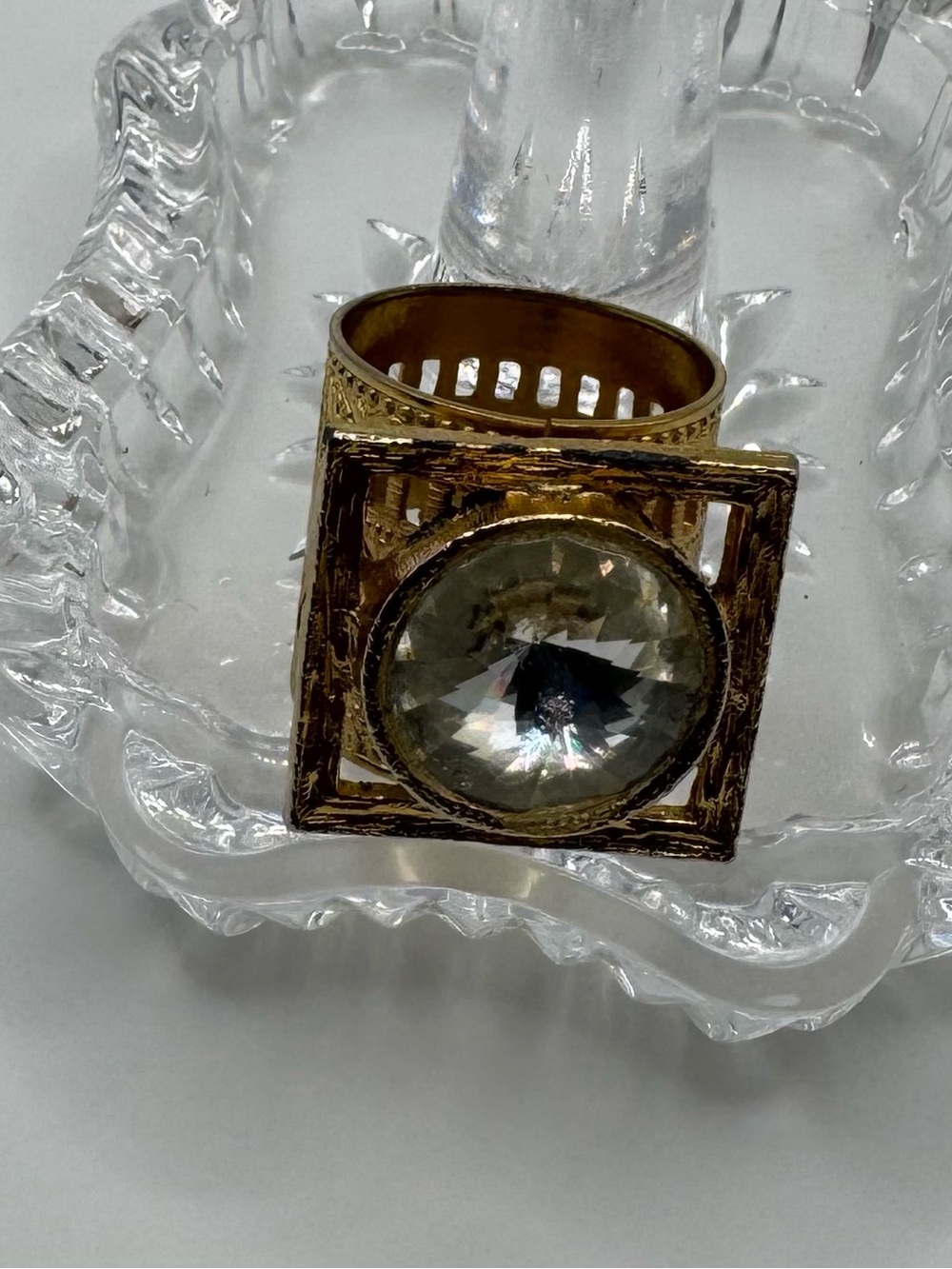 Gold Tone Square Ring with Large Clear Faceted Stone